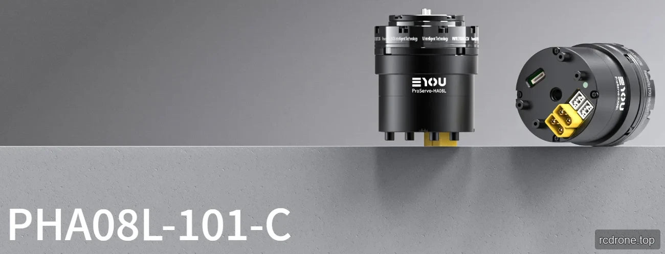 EYOU PHA08L-101-C cylindrical harmonic drive motor actuator, front and rear views