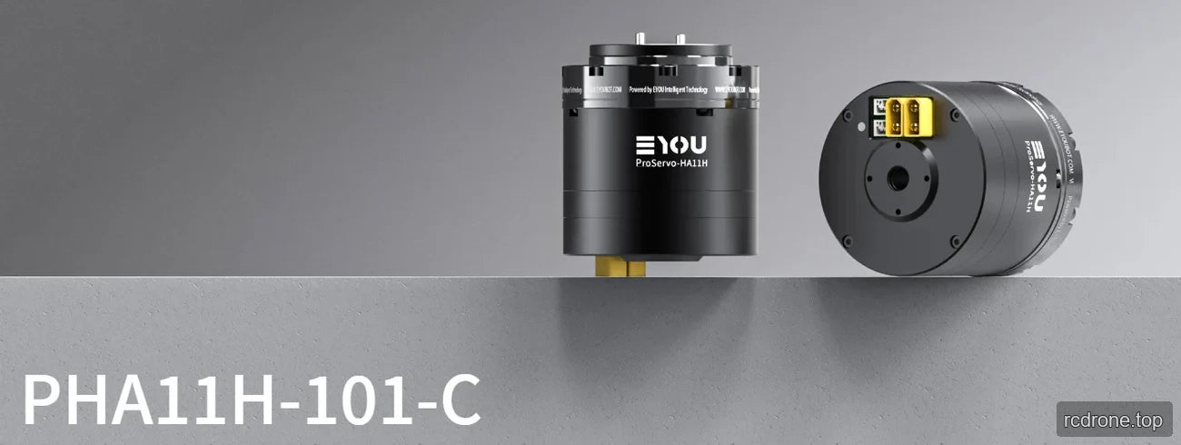 Black EYOU robotic joint actuator shown from two angles with a yellow connector.