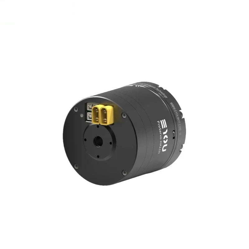 Black EYOU ProServo-HA11H motor viewed from the rear, showing the round end plate and two yellow connectors.