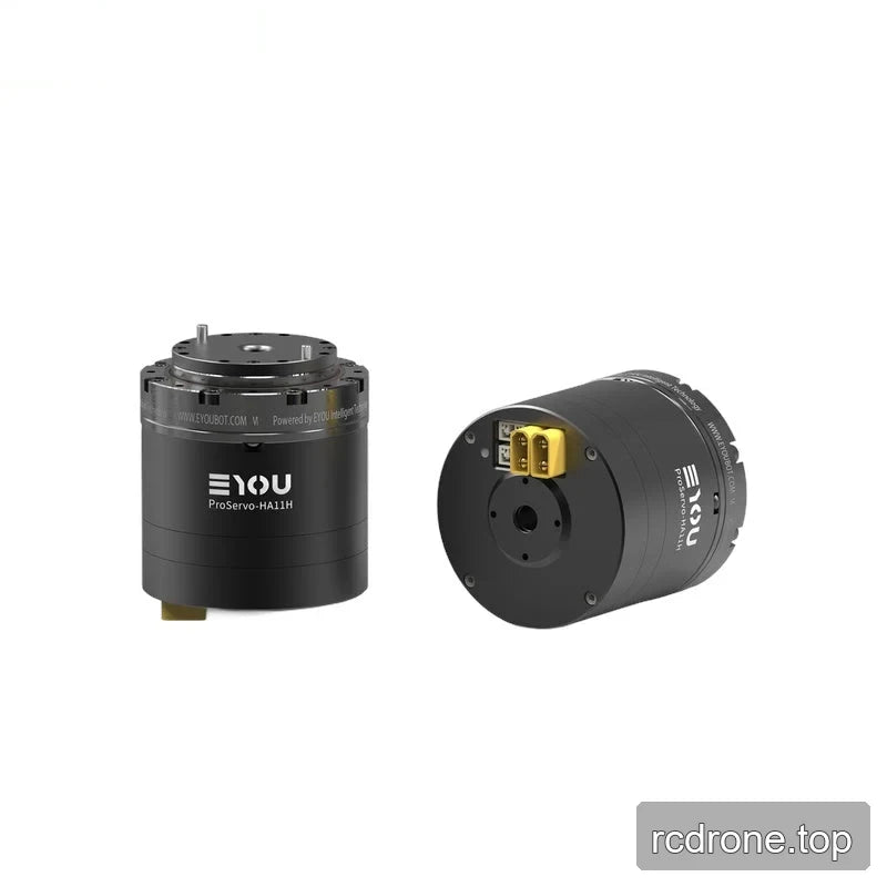 Paired upright and rear views of the black EYOU ProServo-HA11H motor, including the top mount and yellow connectors.