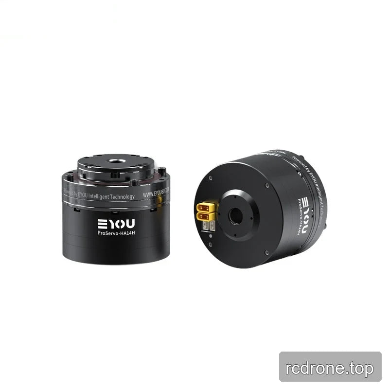 Two views of the black EYOU ProServo-HA14H motor, showing the top mounting plate and connector end.