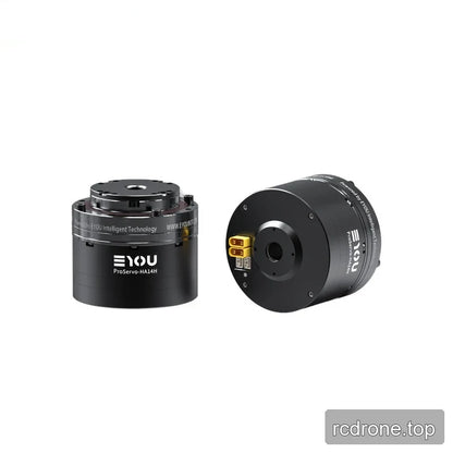 Two views of the black EYOU ProServo-HA14H motor, showing the top mounting plate and connector end.