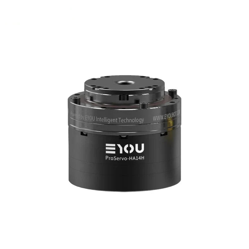 Black EYOU ProServo-HA14H motor shown upright with a circular top mounting plate and central opening.