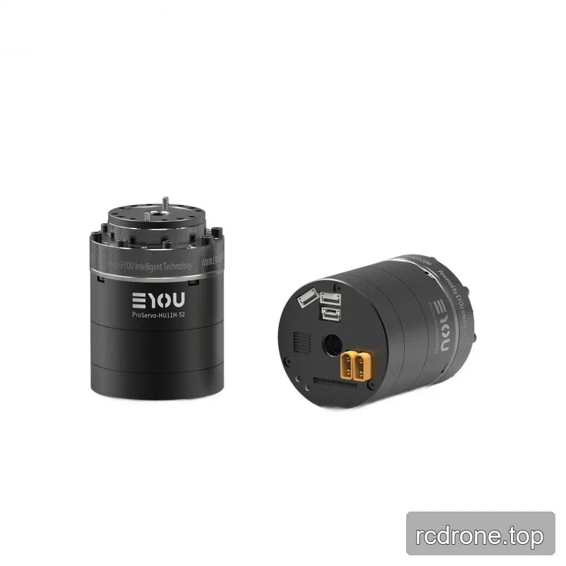 Two-view display of the EYOU ProServo-HU11H-52 motor, showing the upright shaft end and rear connector panel.