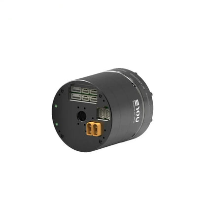 Black EYOU ProServo-HU11H-60 motor angled to show the rear circular panel with multiple connectors and a gold plug.