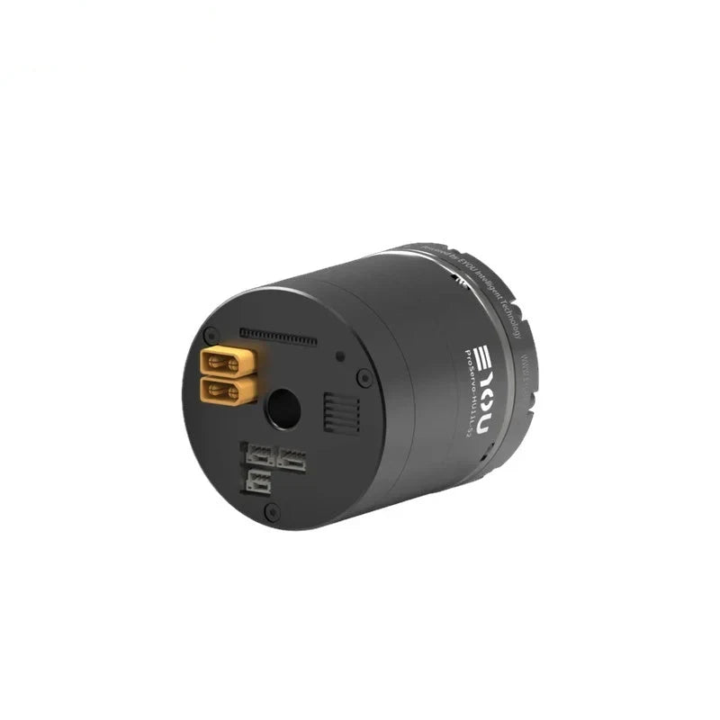 Rear angled view of the black EYOU ProServo-HU11L-52 motor, showing two gold-colored connectors and lower ports.