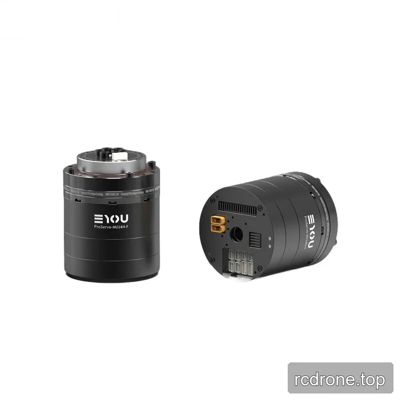 Paired upright and rear connection views of the black EYOU ProServo-HU14H-F cylindrical motor on a white background.