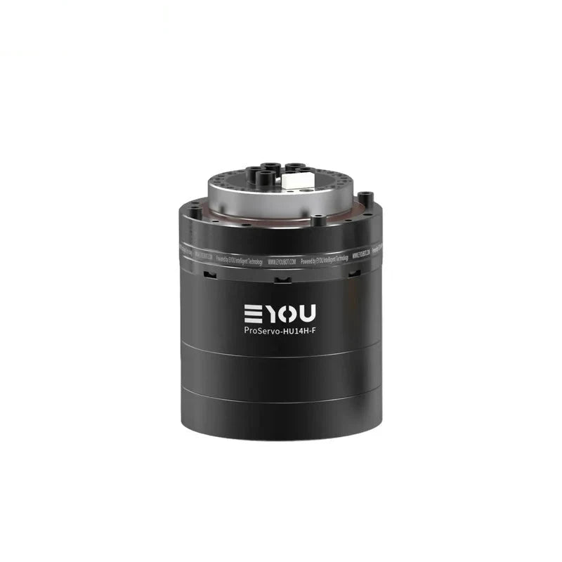 Black EYOU ProServo-HU14H-F cylindrical motor shown upright with a silver top assembly and visible top connectors.