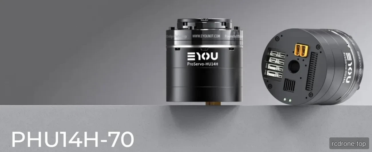 EYOU PHU14H-70 harmonic-drive actuator front and connector-end views