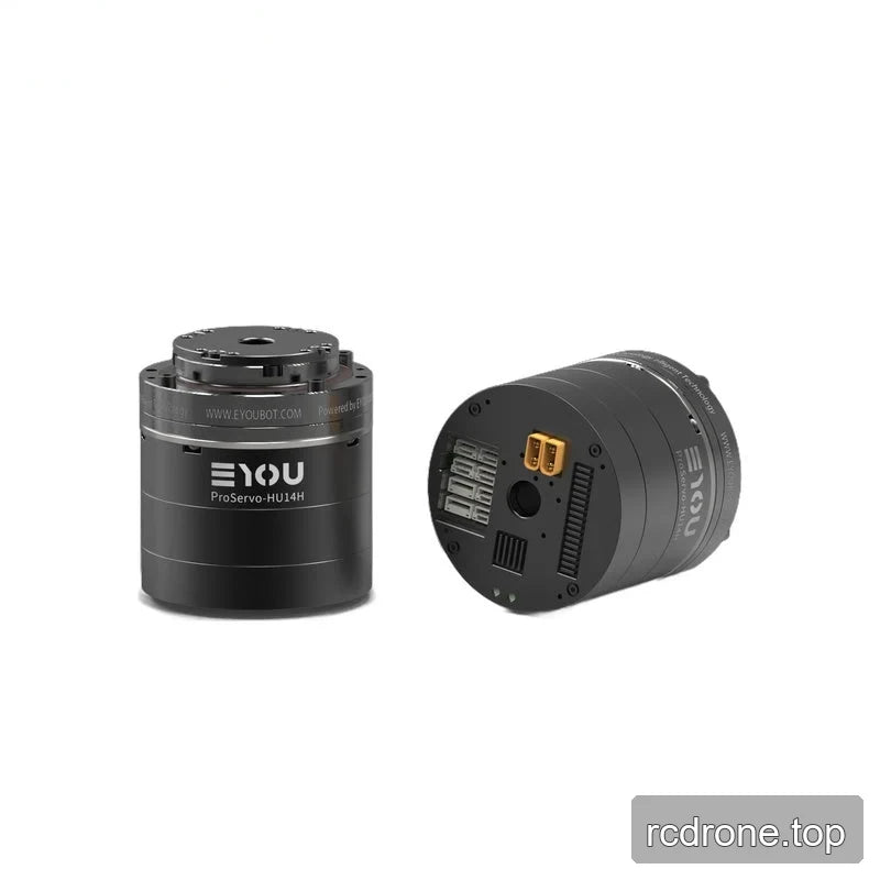 Two EYOU ProServo-HU14H motor views side by side, showing the upright top mount and rear connector panel.