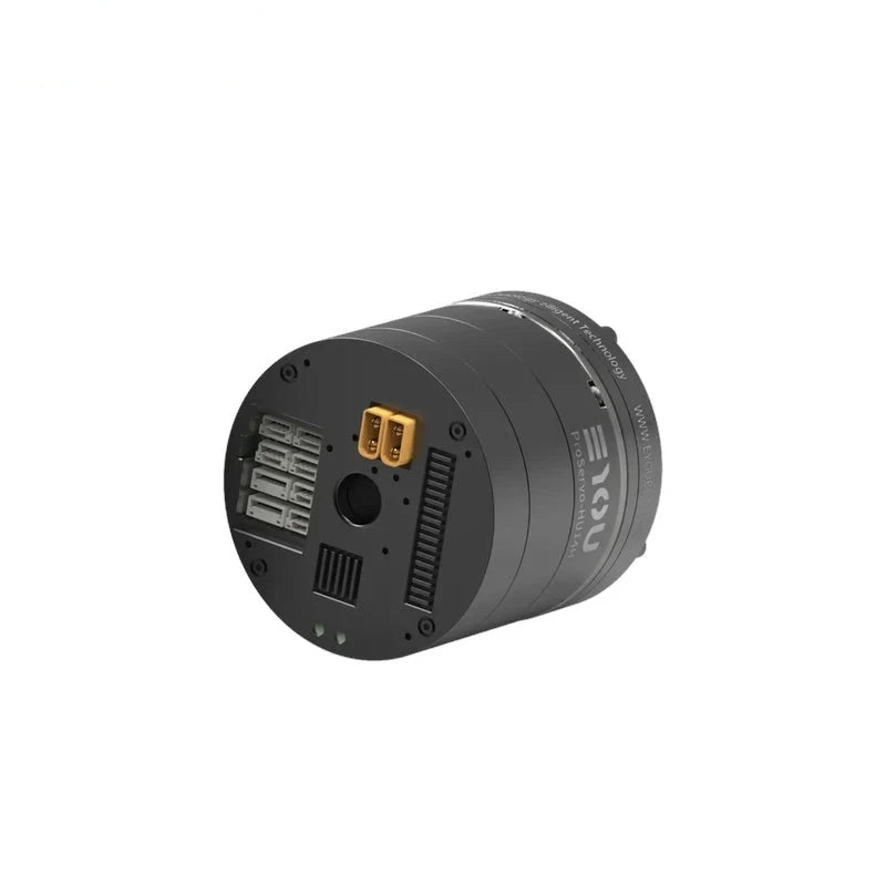 Rear angled view of the black EYOU ProServo-HU14H motor showing its connector panel and gold-colored power terminals.