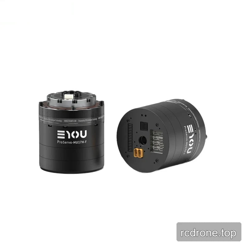 Two views of the black EYOU ProServo-HU17H-F motor, showing the upright top interface and the rear connection end.