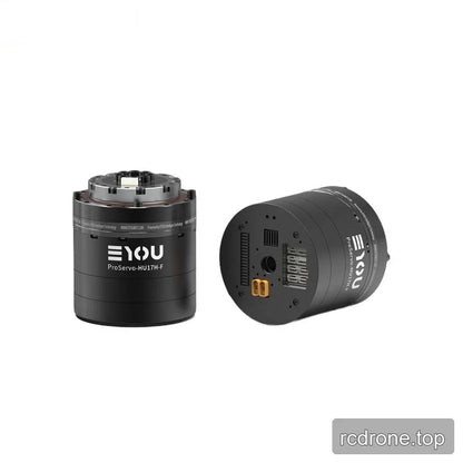 Two views of the black EYOU ProServo-HU17H-F motor, showing the upright top interface and the rear connection end.