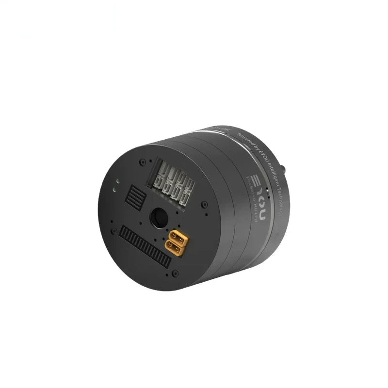 Black EYOU ProServo-HU17H motor viewed from the rear, showing the connector panel, indicator lights, and circular port.