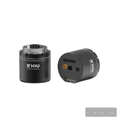Two EYOU ProServo-HU20H-F motor views side by side, showing the silver top plate and rear panel with ports and terminals.