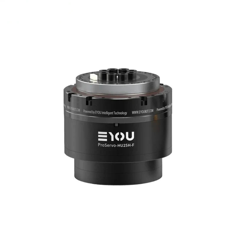 Black EYOU ProServo-HU25H-F motor shown from the mounting end, with a circular top plate and multiple connector sockets.