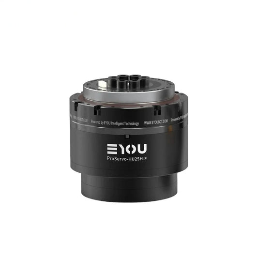 Black EYOU ProServo-HU25H-F motor shown from the mounting end, with a circular top plate and multiple connector sockets.