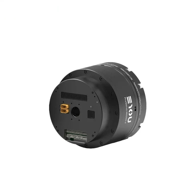 Rear angled view of the black EYOU ProServo-HU25H-F motor, showing its end plate, gold-colored ports and lower terminal connectors.