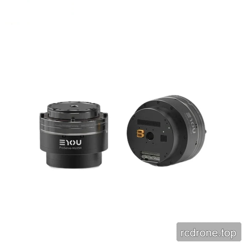 Two EYOU ProServo-HU25H motor views side by side, showing the upright mounting end and rear connector face.