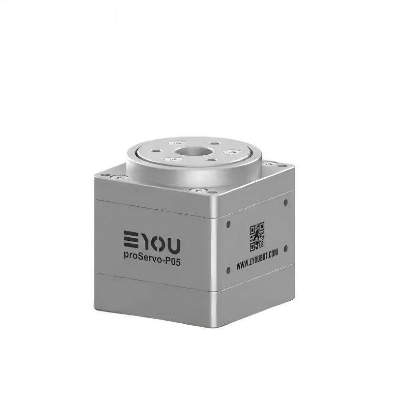 Silver EYOU proServo-P05 motor with a square housing, circular top mounting face, central opening, and side QR code.