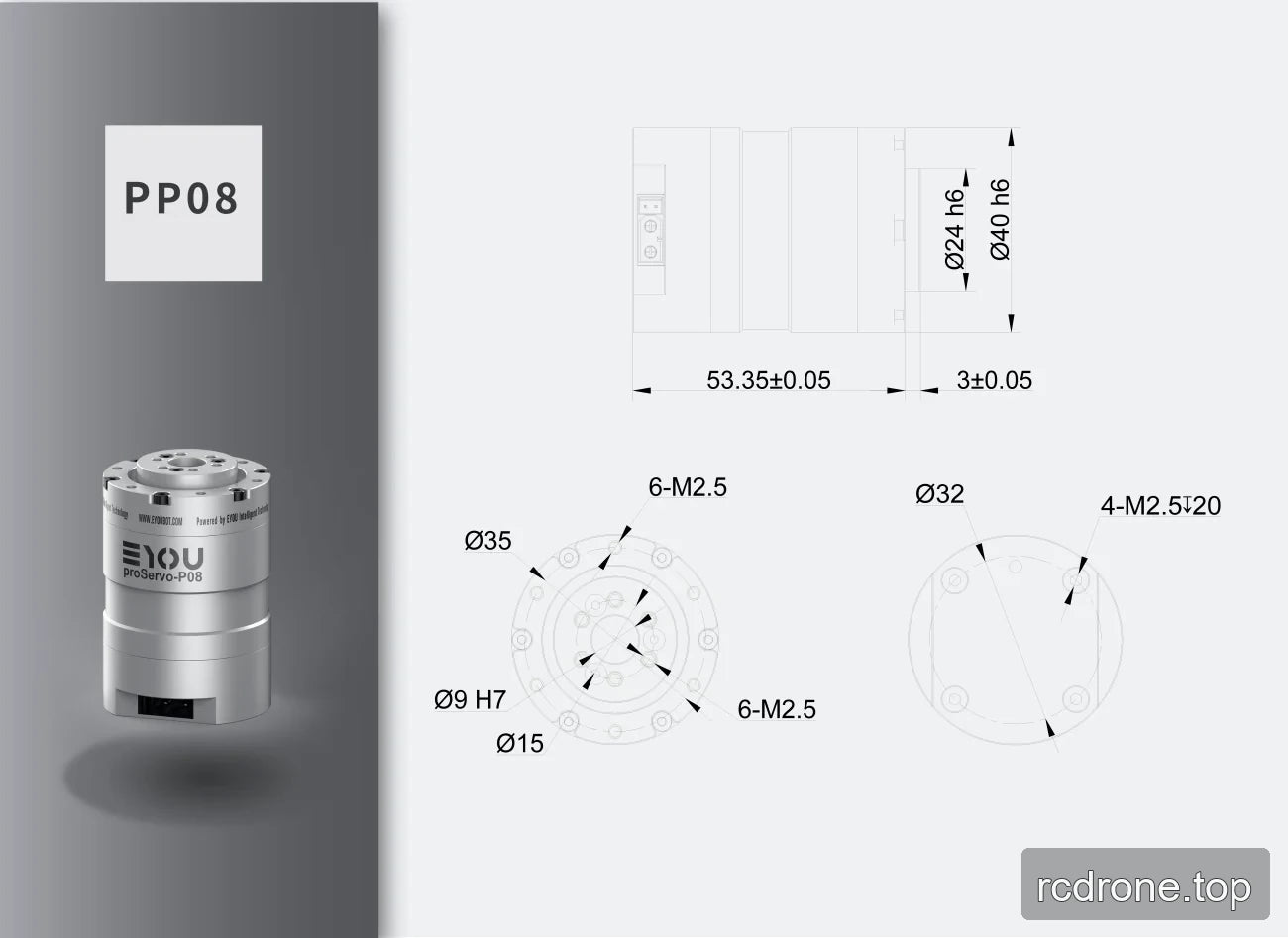 PP08-36 installation drawing with dimensional and mounting-hole callouts