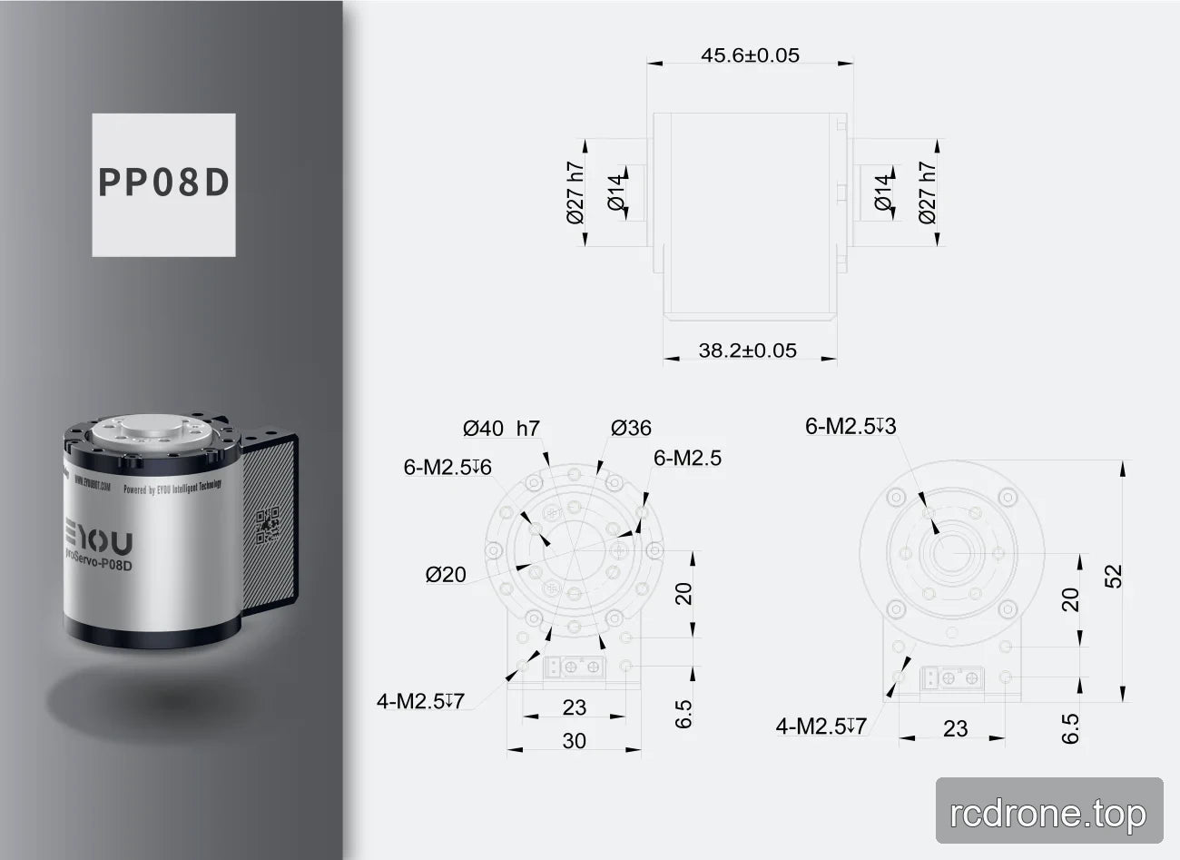 PP08D-36 installation drawing with dimensions and threaded-hole callouts