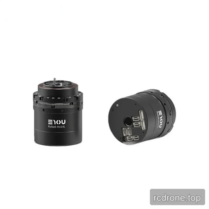 Two views of the black EYOU Robot-HU14L motor: an upright top-mount view and a side connector-panel view.