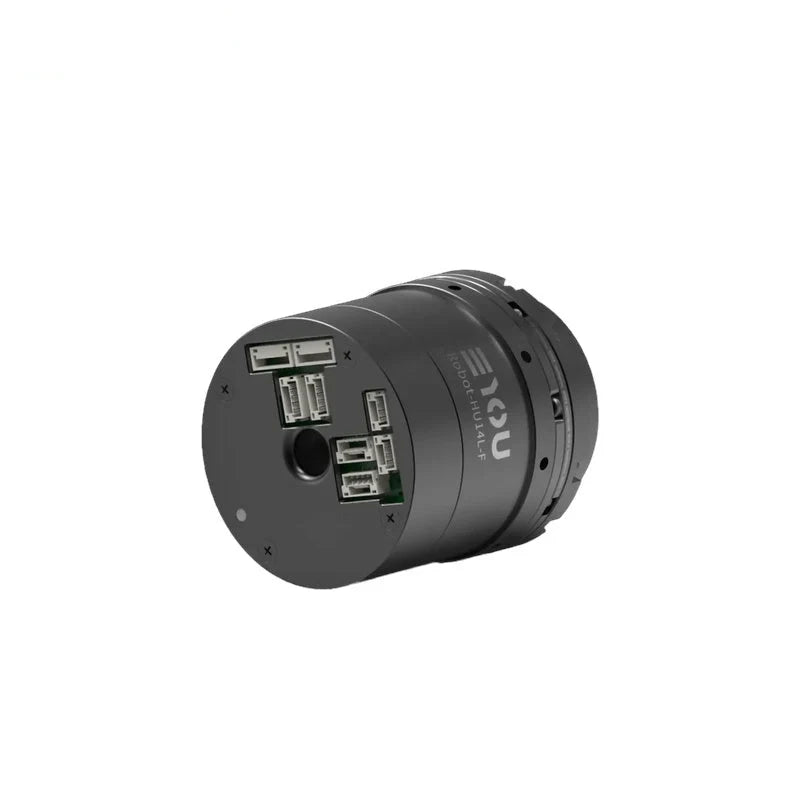 Black EYOU Robot-HU14L-F motor shown on its side with the connector-filled rear end facing forward.