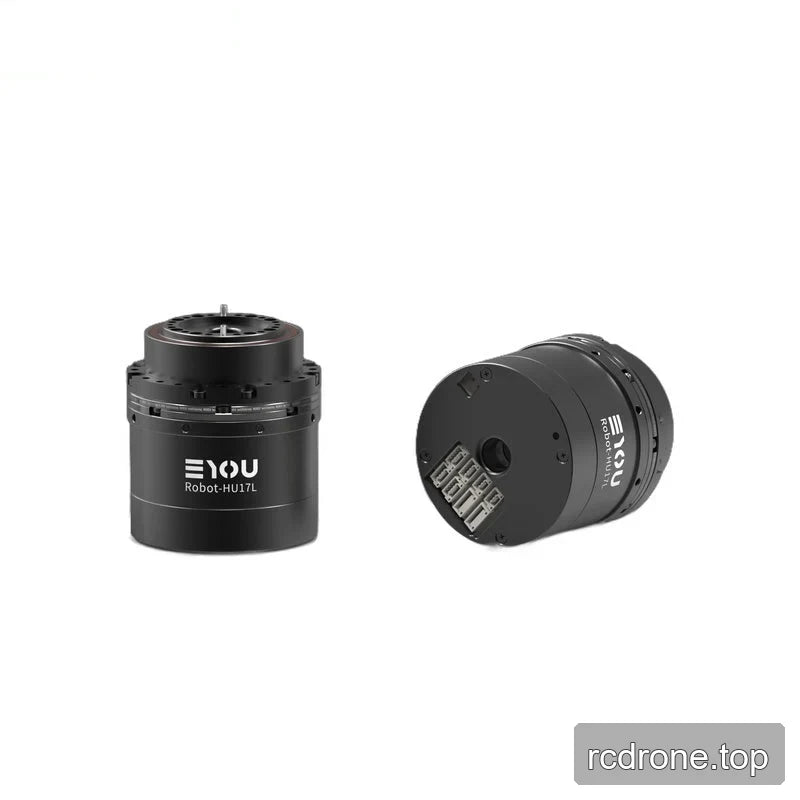 Two views of the black EYOU Robot-HU17L motor, showing the upright top mounting face and rear connector end.