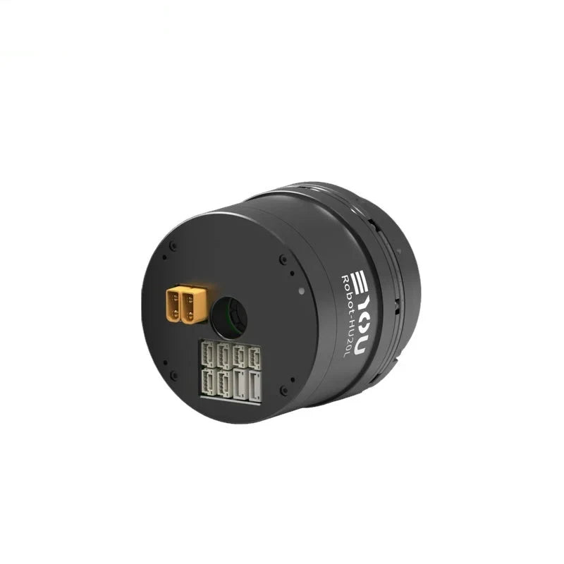 Angled rear view of the black EYOU Robot-HU20L motor, showing its end plate, gold connector, and multiple ports.