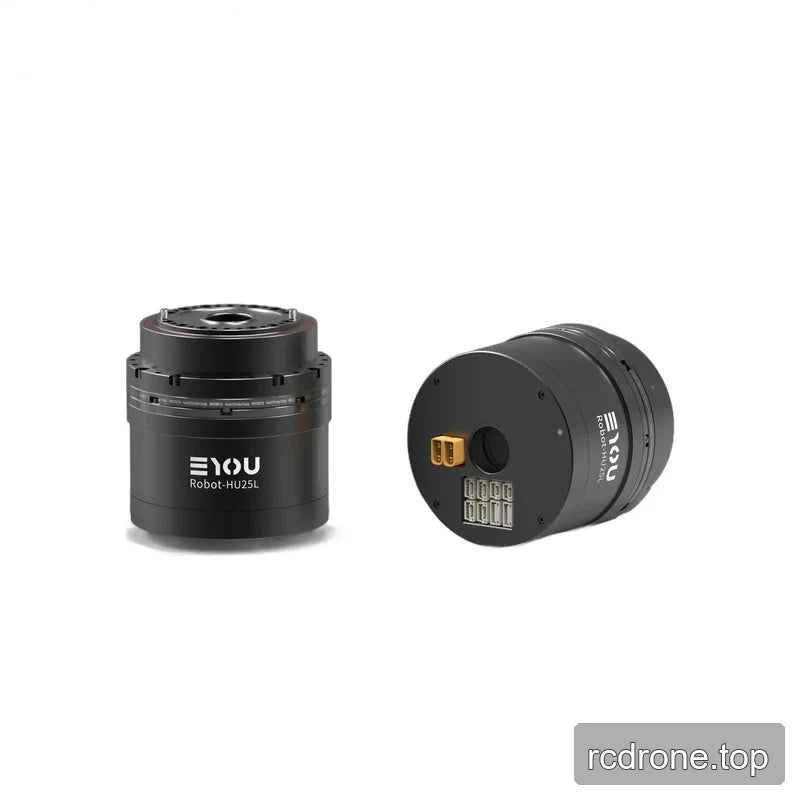 EYOU Robot-HU25L motor shown in upright flange view alongside a side view of its connector end plate.