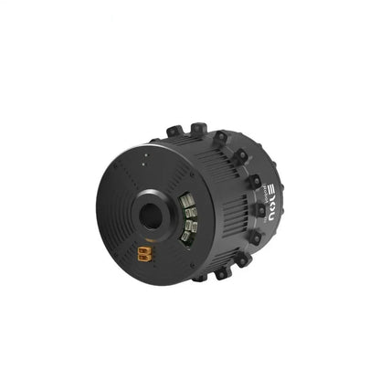 Angled rear view of the black EYOU Robot-HU32H motor showing its central shaft opening, connector ports, and mounting lugs.