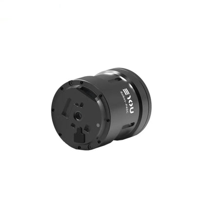 Black EYOU Robot-P40C motor shown from the rear at an angled horizontal view with circular end plate and connector openings.