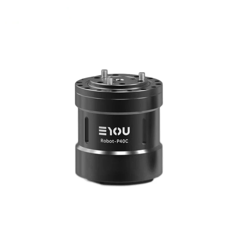 Black EYOU Robot-P40C motor shown upright with a circular top mounting plate and two locating pins.