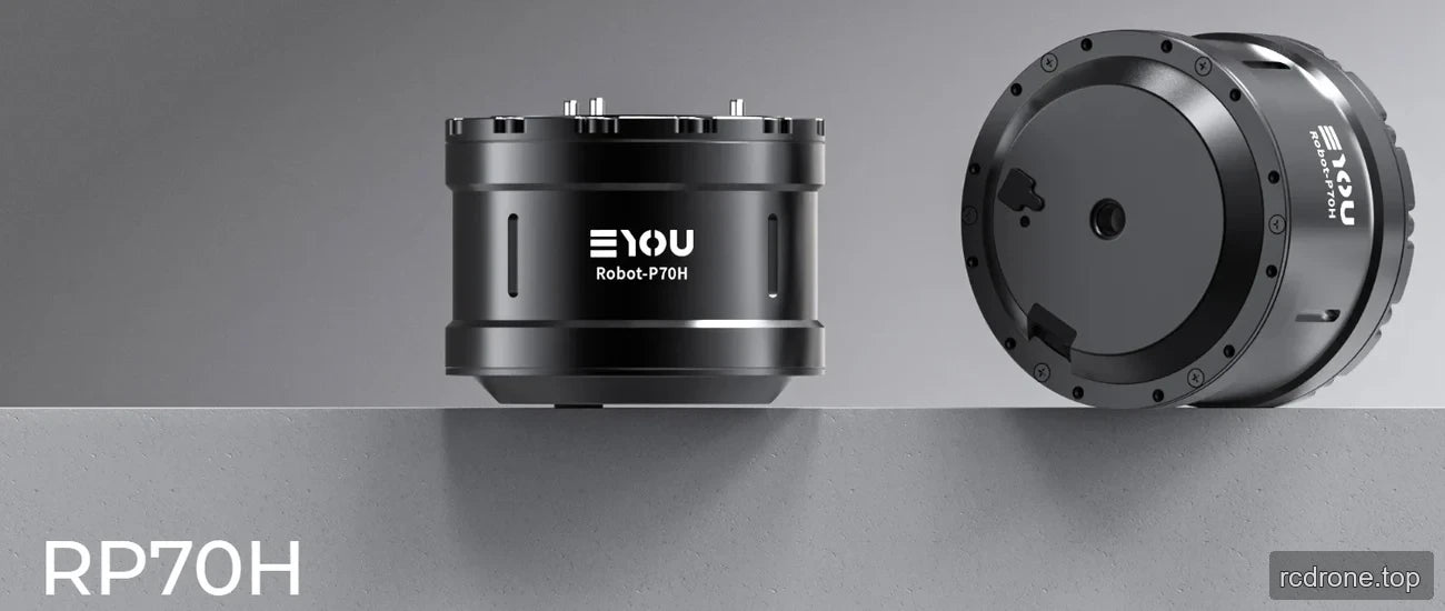 EYOU RP70H robotic planetary actuator shown from side and mounting-face views