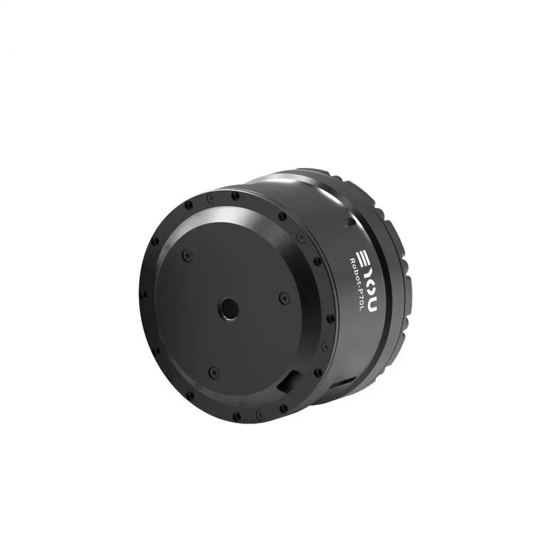 Black EYOU Robot-P70L motor shown angled on its side, with a circular rear face, central opening, and perimeter screws.