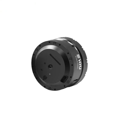Black EYOU Robot-P90L motor shown at an angle with its circular underside cover, perimeter screws, and side housing visible.