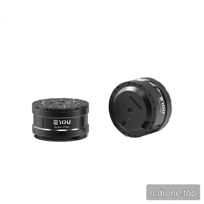 Two views of the black EYOU Robot-P90L motor: an upright top-plate view beside an angled underside-cover view.