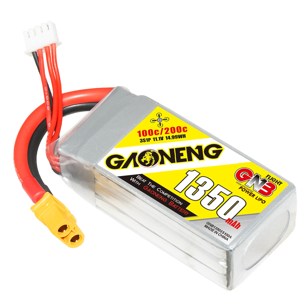 Single GAONENG 1350mAh 3S LiPo battery on angle showing XT60 plug and label
