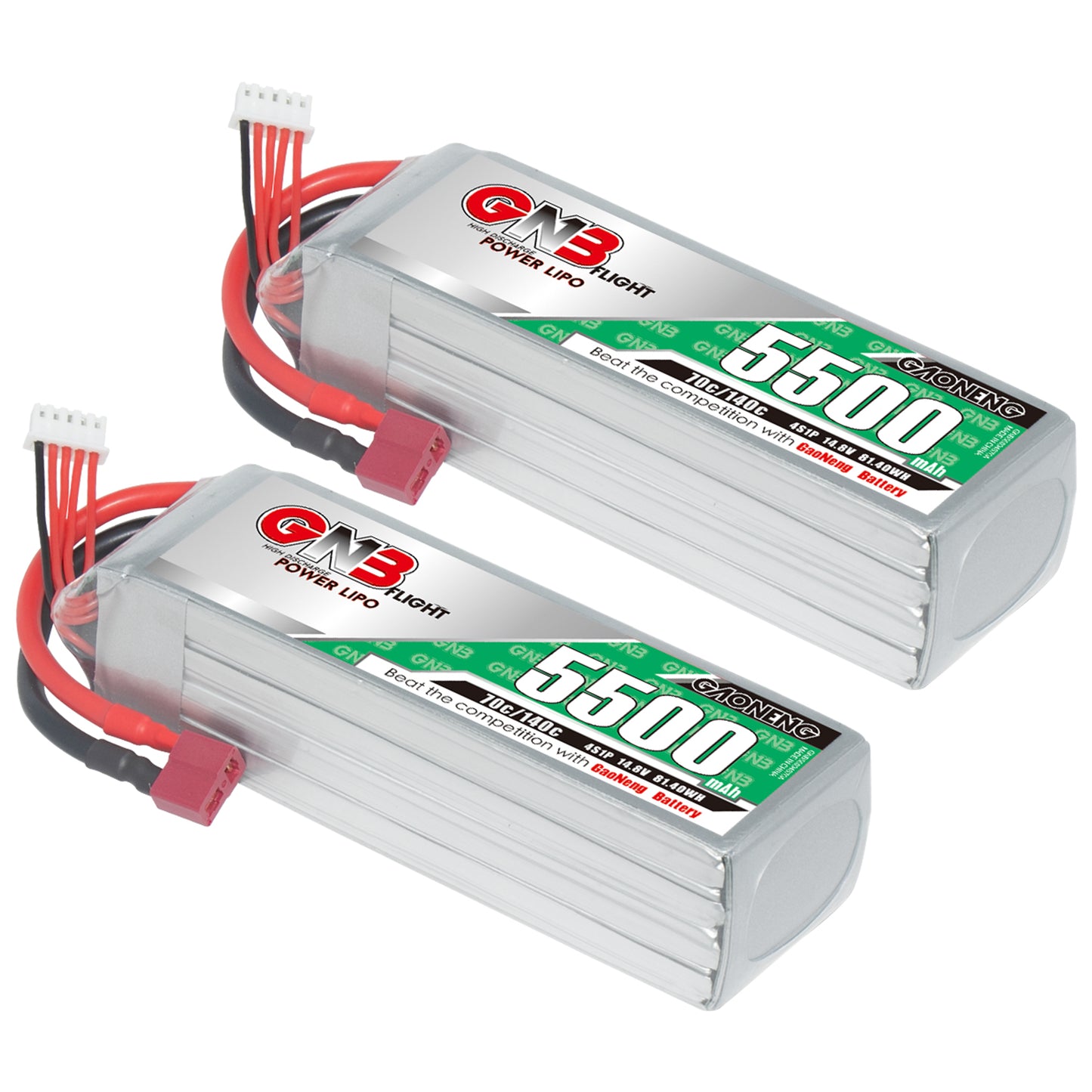 Two GAONENG GNB 4S 5500mAh LiPo battery packs with T-plug connectors, side-by-side