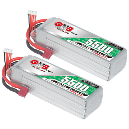Two GAONENG GNB 4S 5500mAh LiPo battery packs with T-plug connectors, side-by-side
