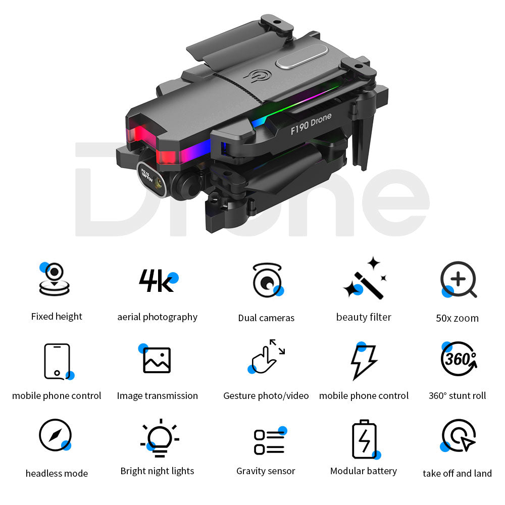 F190 Drone - With 4K Dual Camera F/2.15 100° FOV Led Night Flight Foldable Mini Drone Mini Drone 28 F190 Drone, 4k fixed height aerial photography dual cameras beauty filter 50x zoom 360