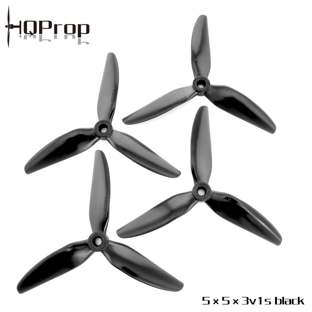 HQProp 5X5X3V1S 5-inch 3-blade propellers set in black, four props shown on white background