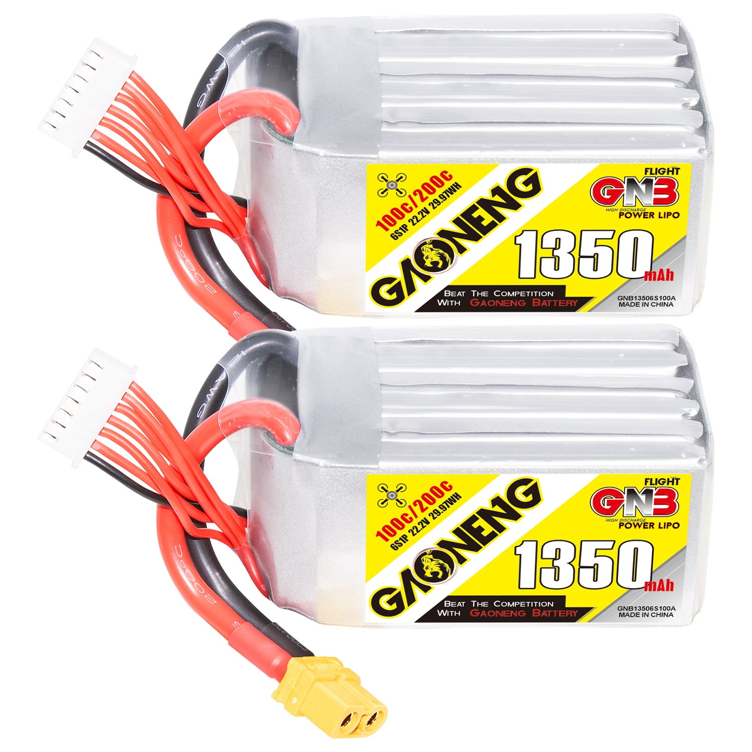 GAONENG GNB 6S 22.2V 1350mAh 100C LiPo battery with XT60 and balance lead, two-pack view