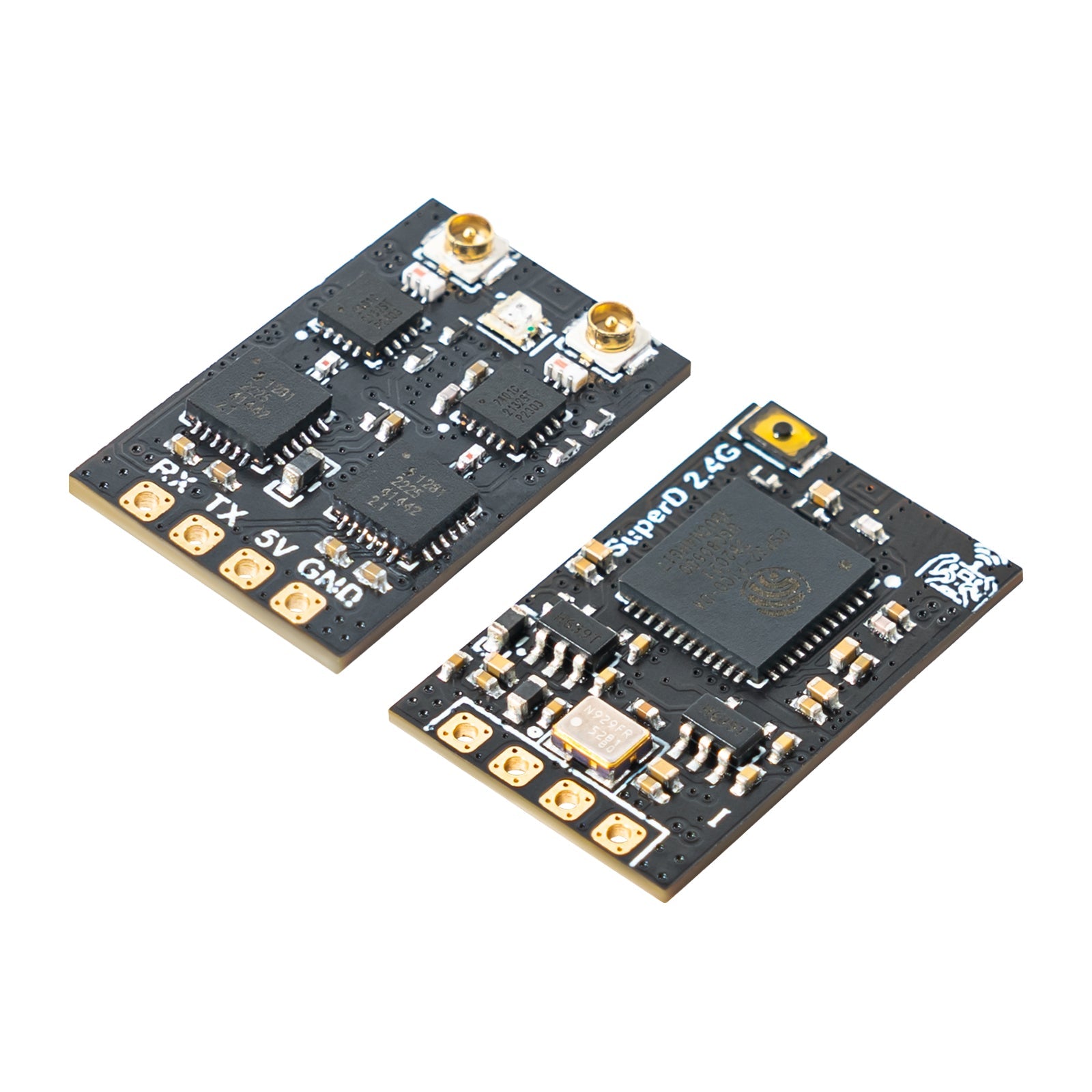 SuperD 2.4G ELRS receiver shown front and back, highlighting RX TX 5V GND solder pad labels