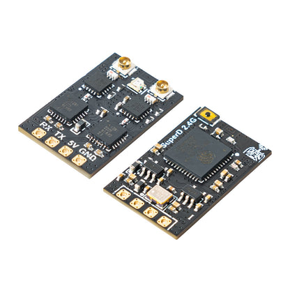 SuperD 2.4G ELRS receiver shown front and back, highlighting RX TX 5V GND solder pad labels