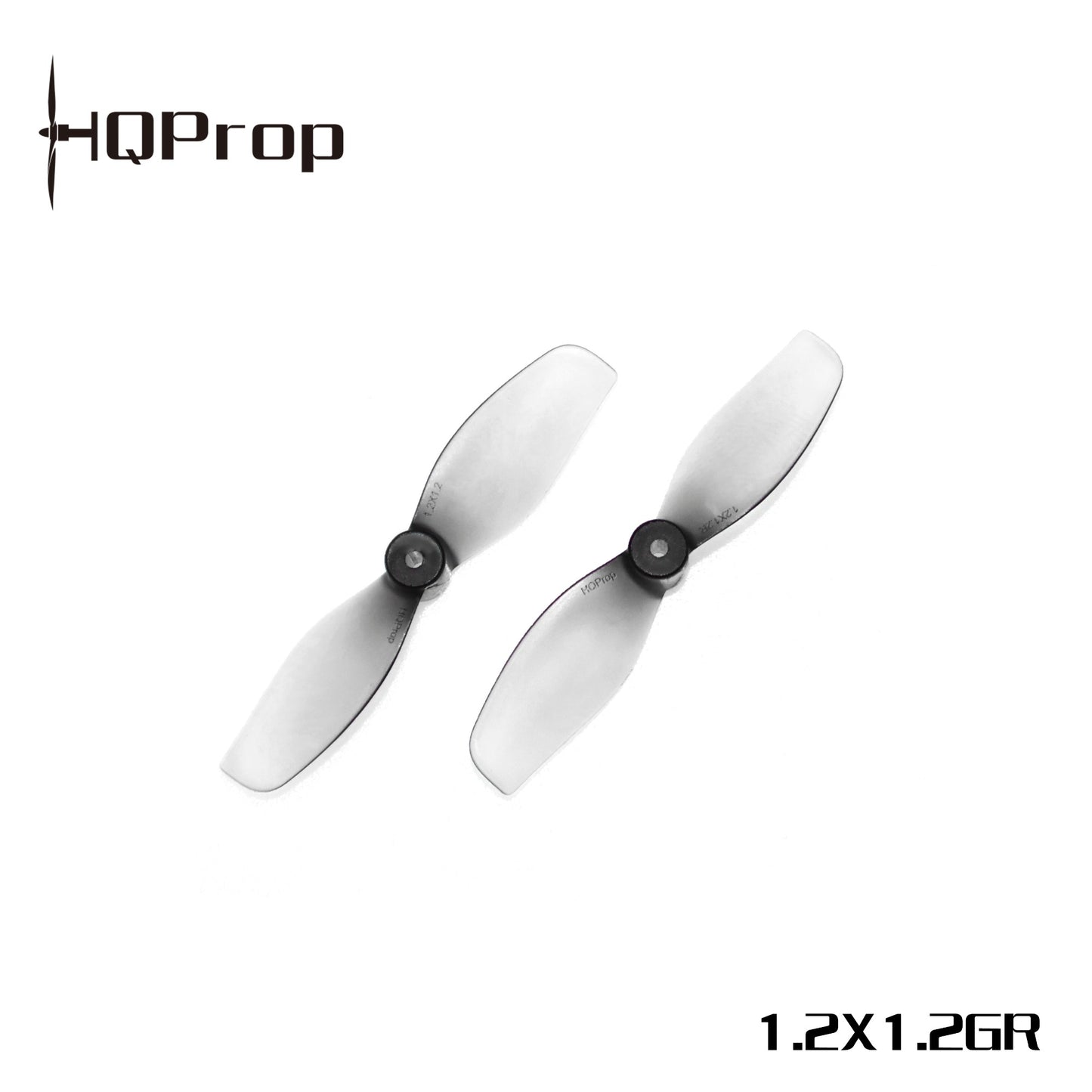 Gray HQProp 1.2x1.2GR ultralight 2-blade whoop propellers, pair on white background