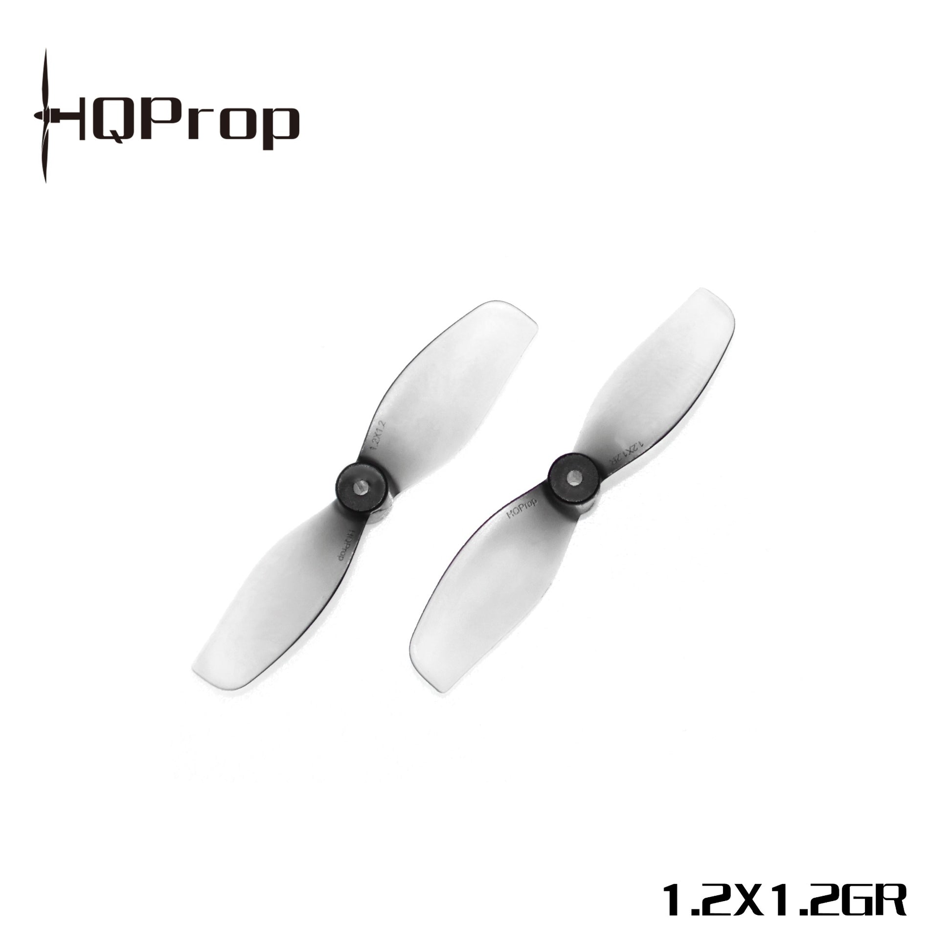 Gray HQProp 1.2x1.2GR ultralight 2-blade whoop propellers, pair on white background