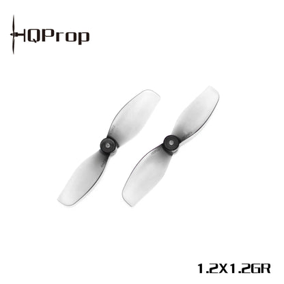 Gray HQProp 1.2x1.2GR ultralight 2-blade whoop propellers, pair on white background