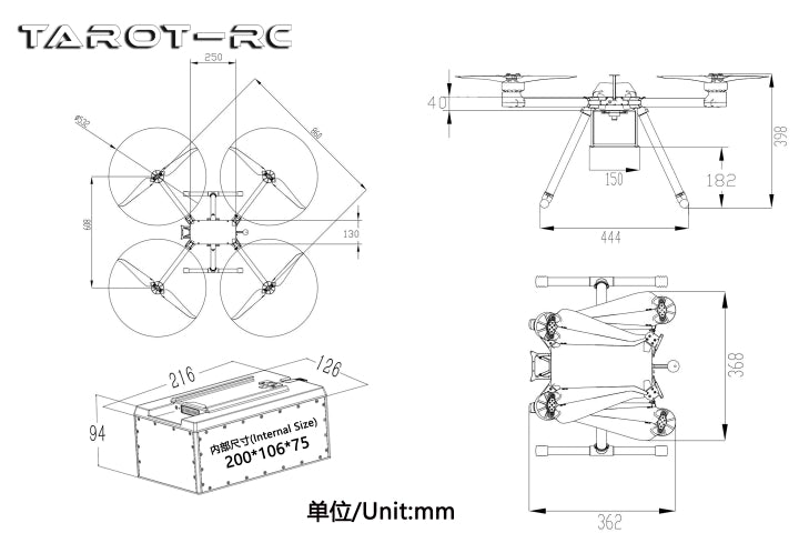 Tarot M860B, Industrial drone with 4-axis control, 3kg payload capacity, and a 860mm wheelbase.